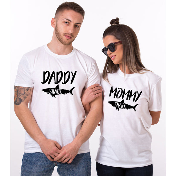 T shirt Daddy Shark Mommy Shark Blanc - MatchingMood